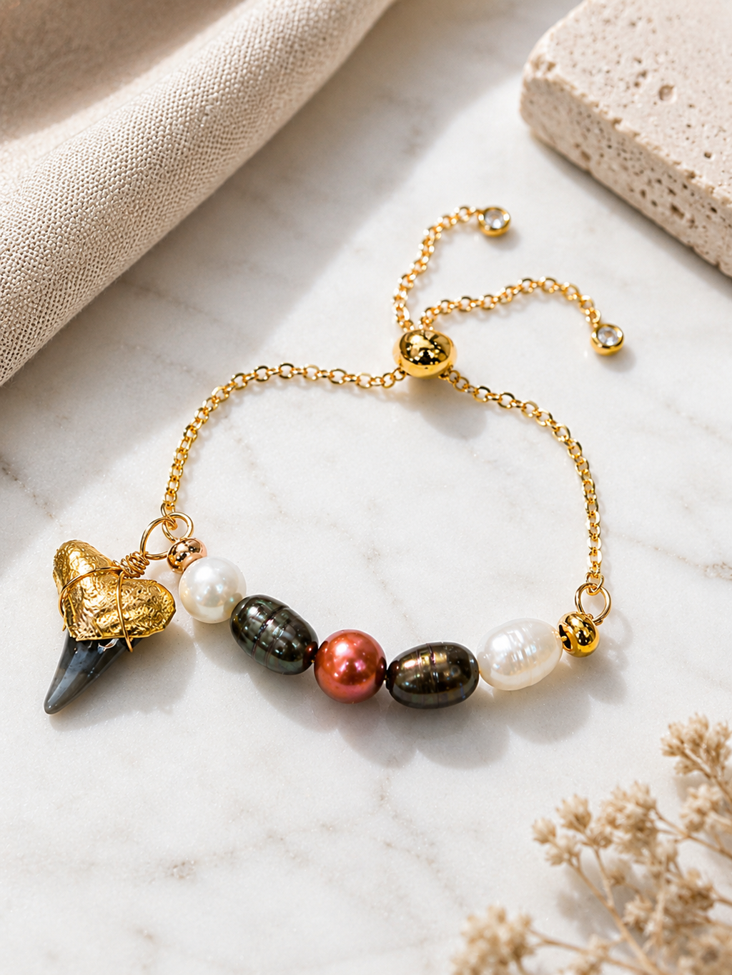 Fossil Shark Tooth Necklace Gold Pearl Beaded Pendant Jewelry