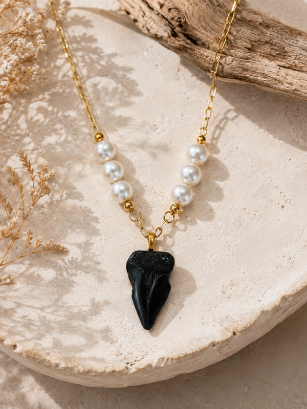 Time & Tide | Fossil Hastalis Shark Tooth & Pearl Necklace | Handmade Gift for Her