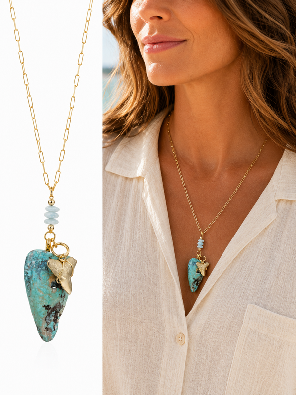 Tidepool | Gold-Gilded Fossil Bull Shark Tooth & Variscite Necklace | Handmade Gift Jewelry