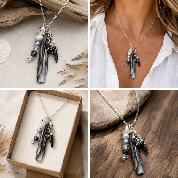 Moonlit Tide | Fossil Sand Tiger Shark Tooth, Mother of Pearl & Morganite Necklace | Gift for Her