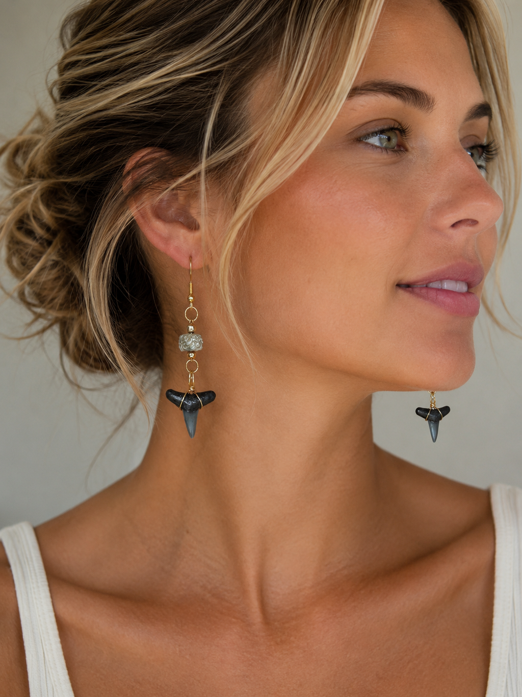 Luster & Lemon | Fossil Lemon Shark Tooth & Mother of Pearl Drop Earrings | Handmade Gift
