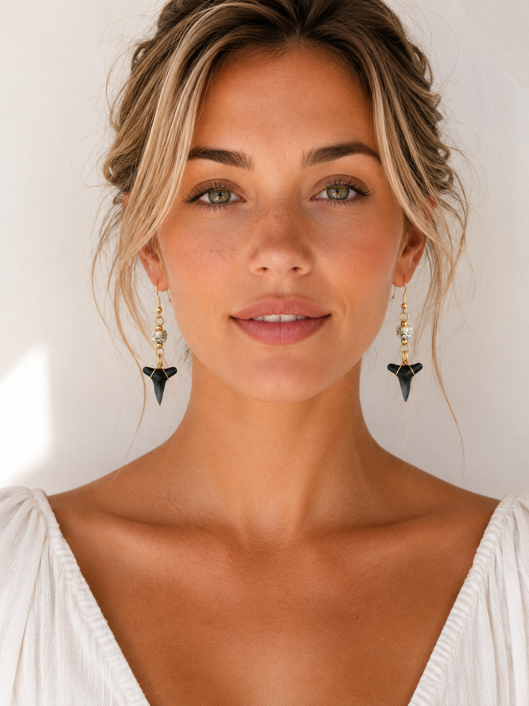 Luster & Lemon | Fossil Lemon Shark Tooth & Mother of Pearl Drop Earrings | Handmade Gift