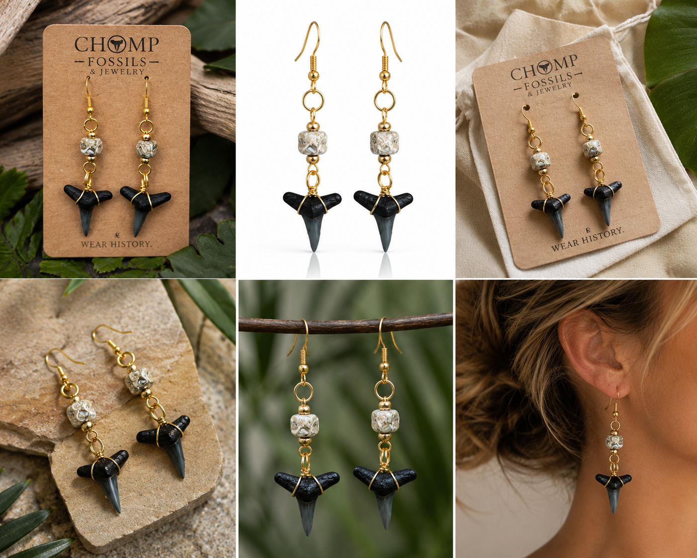 Luster & Lemon | Fossil Lemon Shark Tooth & Mother of Pearl Drop Earrings | Handmade Gift