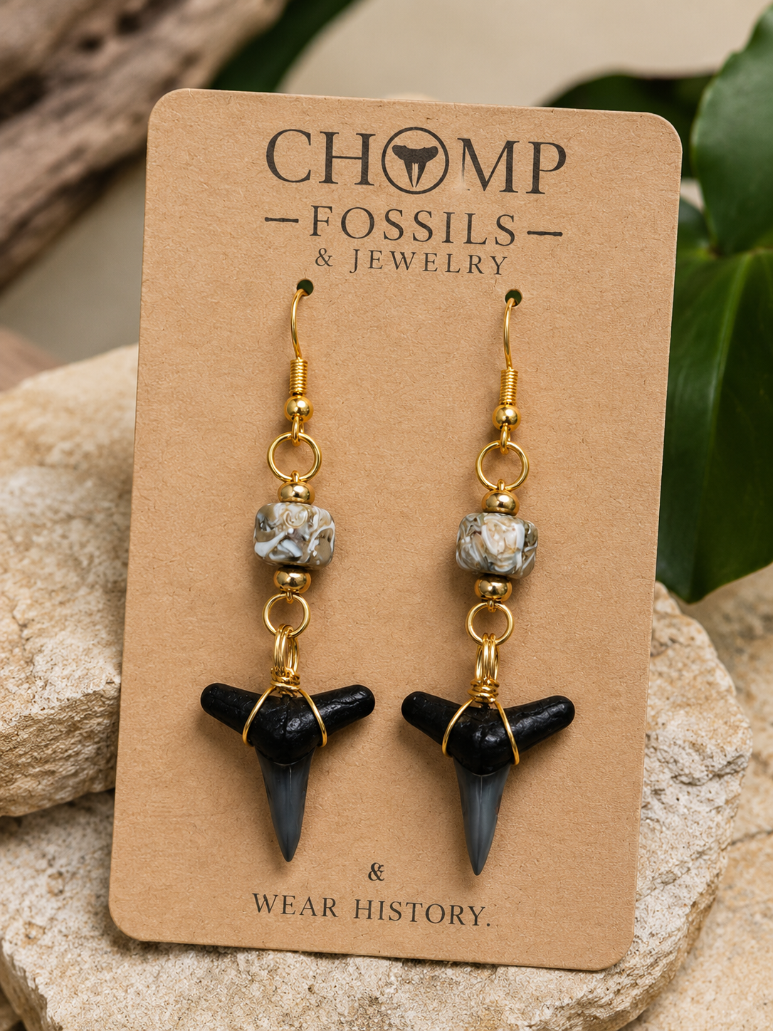 Luster & Lemon | Fossil Lemon Shark Tooth & Mother of Pearl Drop Earrings | Handmade Gift