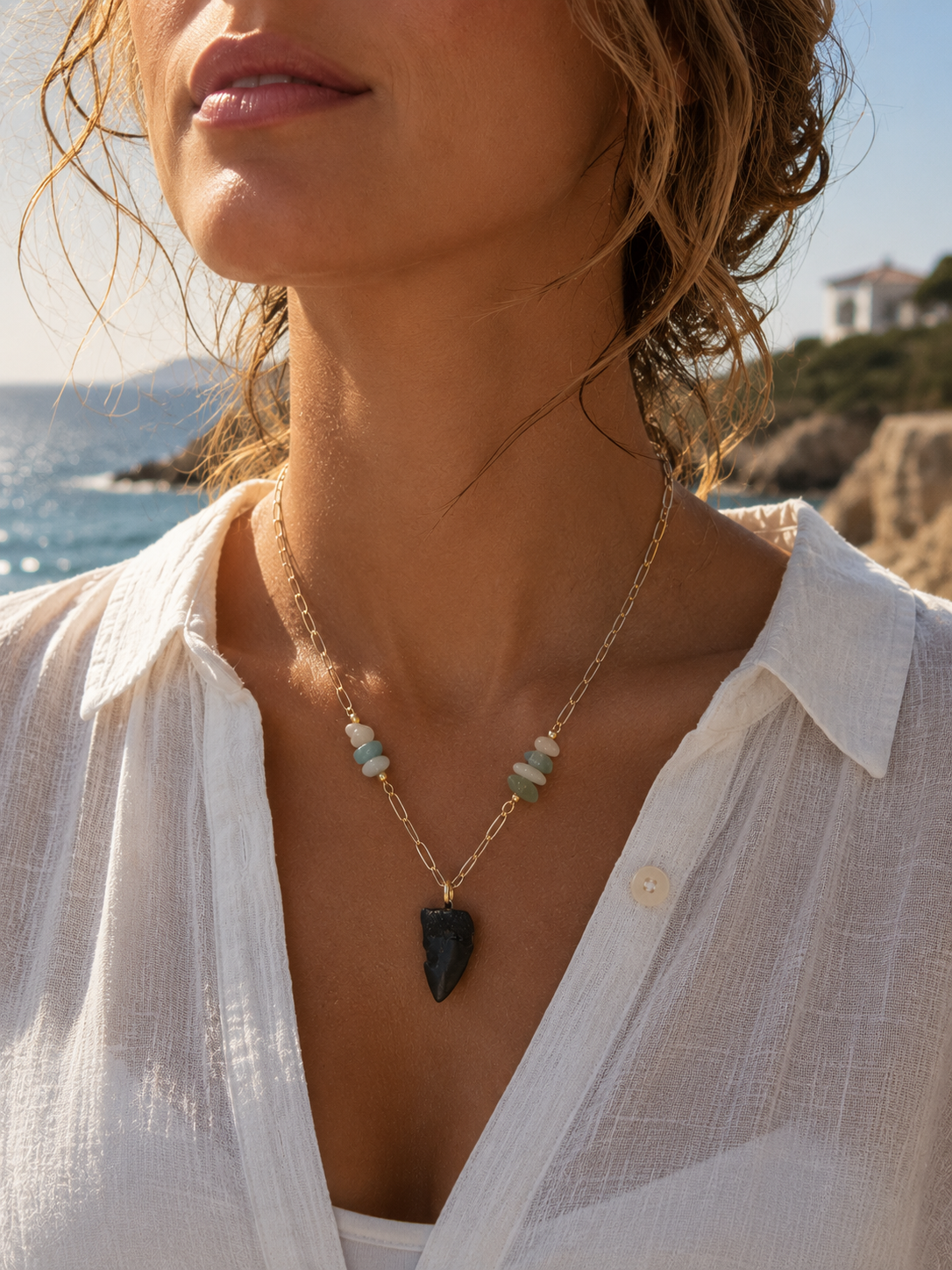 Beautifully Broken | Fossil Hastalis Shark Tooth & Morganite Necklace | Handmade Gift Jewelry