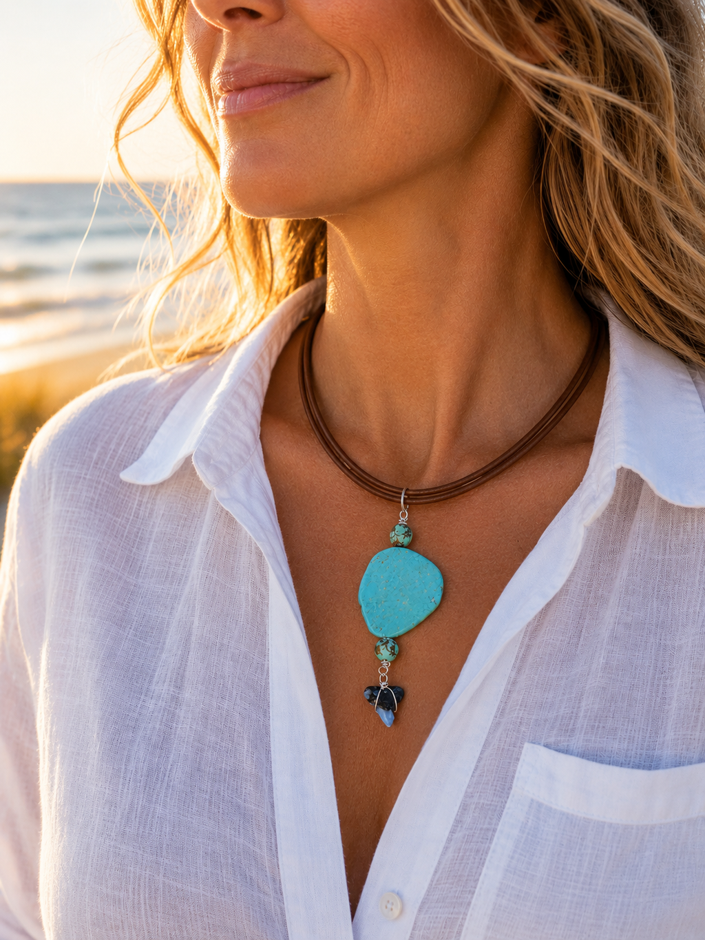 Rooted | Fossil Bull Shark Tooth & African Turquoise Leather Necklace | Handmade Gift for Her