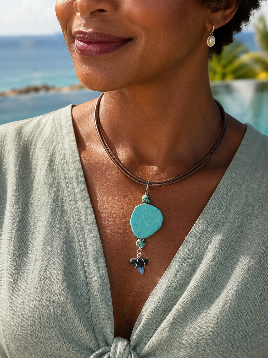 Rooted | Fossil Bull Shark Tooth & African Turquoise Leather Necklace | Handmade Gift for Her