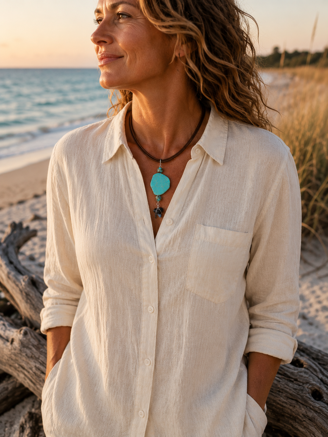 Rooted | Fossil Bull Shark Tooth & African Turquoise Leather Necklace | Handmade Gift for Her