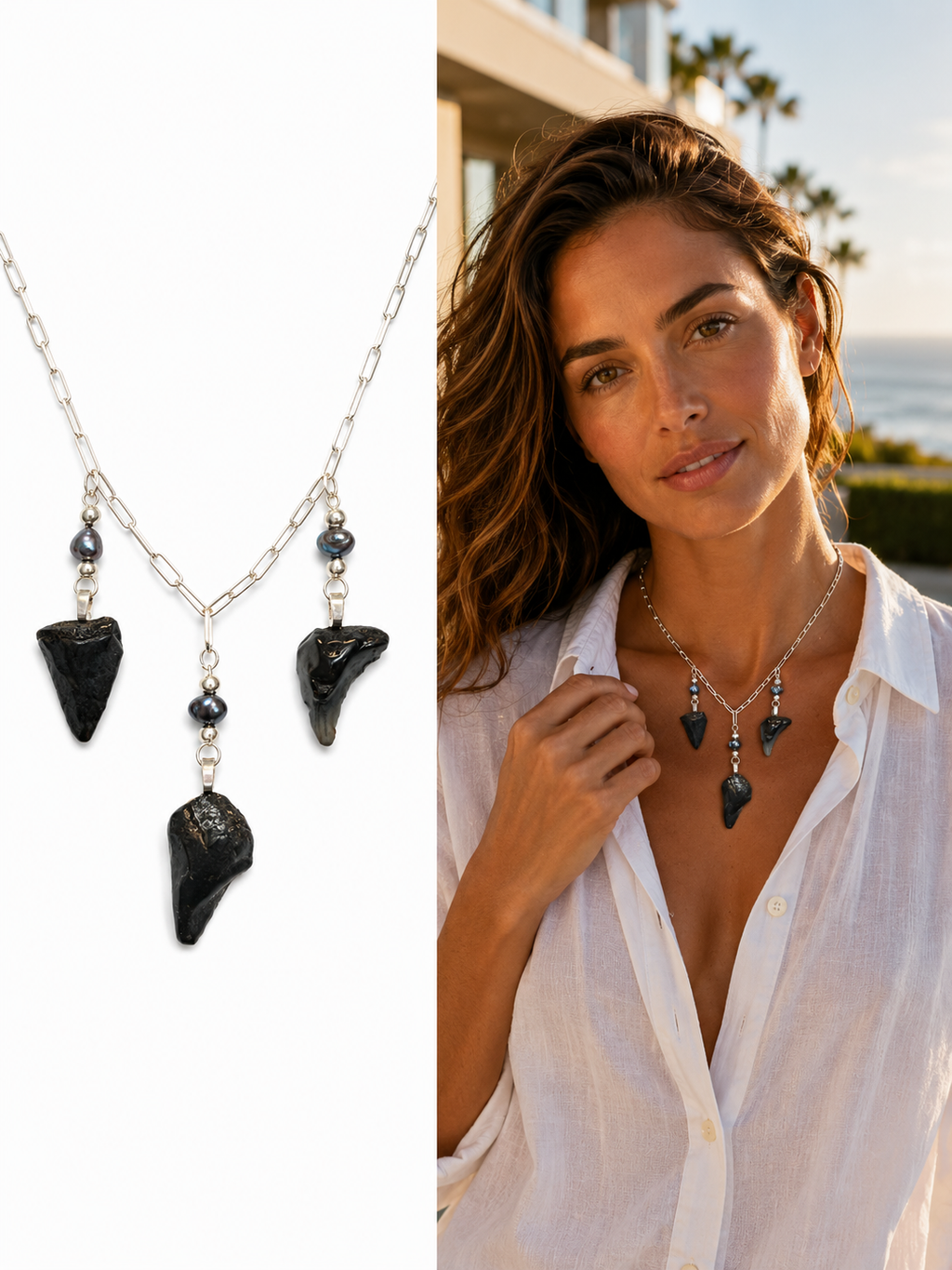 Undertow | Sterling Silver Triple Fossil Shark Tooth Necklace | One of a Kind Gift