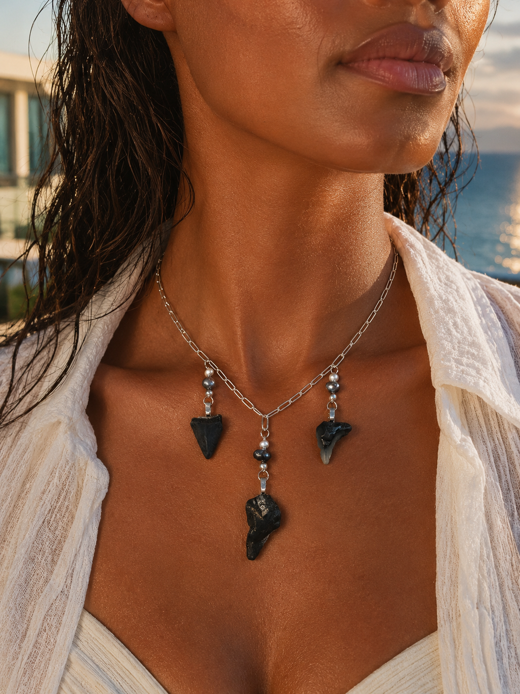 Undertow | Sterling Silver Triple Fossil Shark Tooth Necklace | One of a Kind Gift