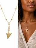 Grace & Grit | Gold-Painted Bull Shark Tooth & Freshwater Pearl Necklace | Handmade Gift for Her