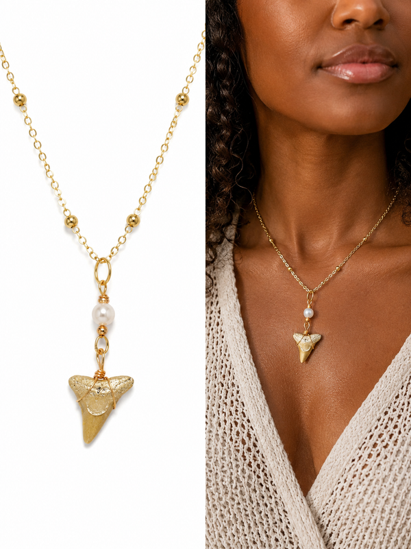 Grace & Grit | Gold-Painted Bull Shark Tooth & Freshwater Pearl Necklace | Handmade Gift for Her