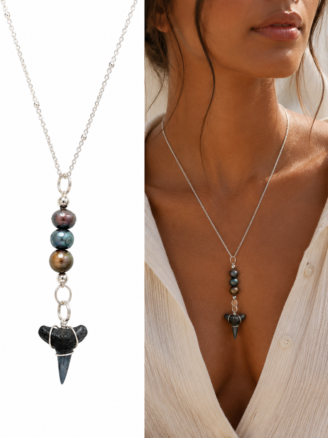 Silver Moon | Fossil Lemon Shark Tooth & Freshwater Pearl Necklace | Handmade Gift Jewelry
