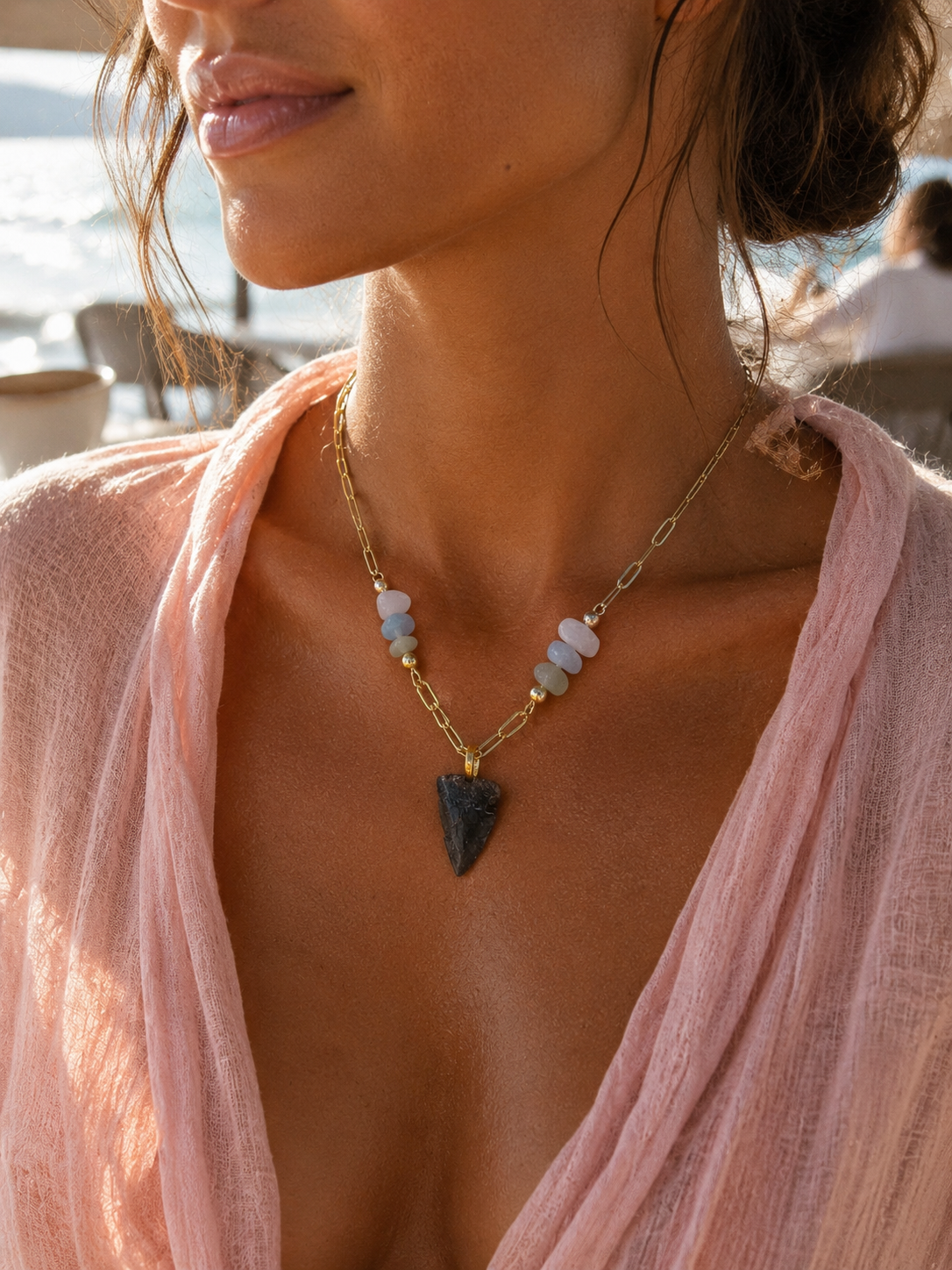 Beautifully Broken | Rare Fossil Hastalis Shark Tooth & Morganite Statement Necklace | One of a Kind Gift