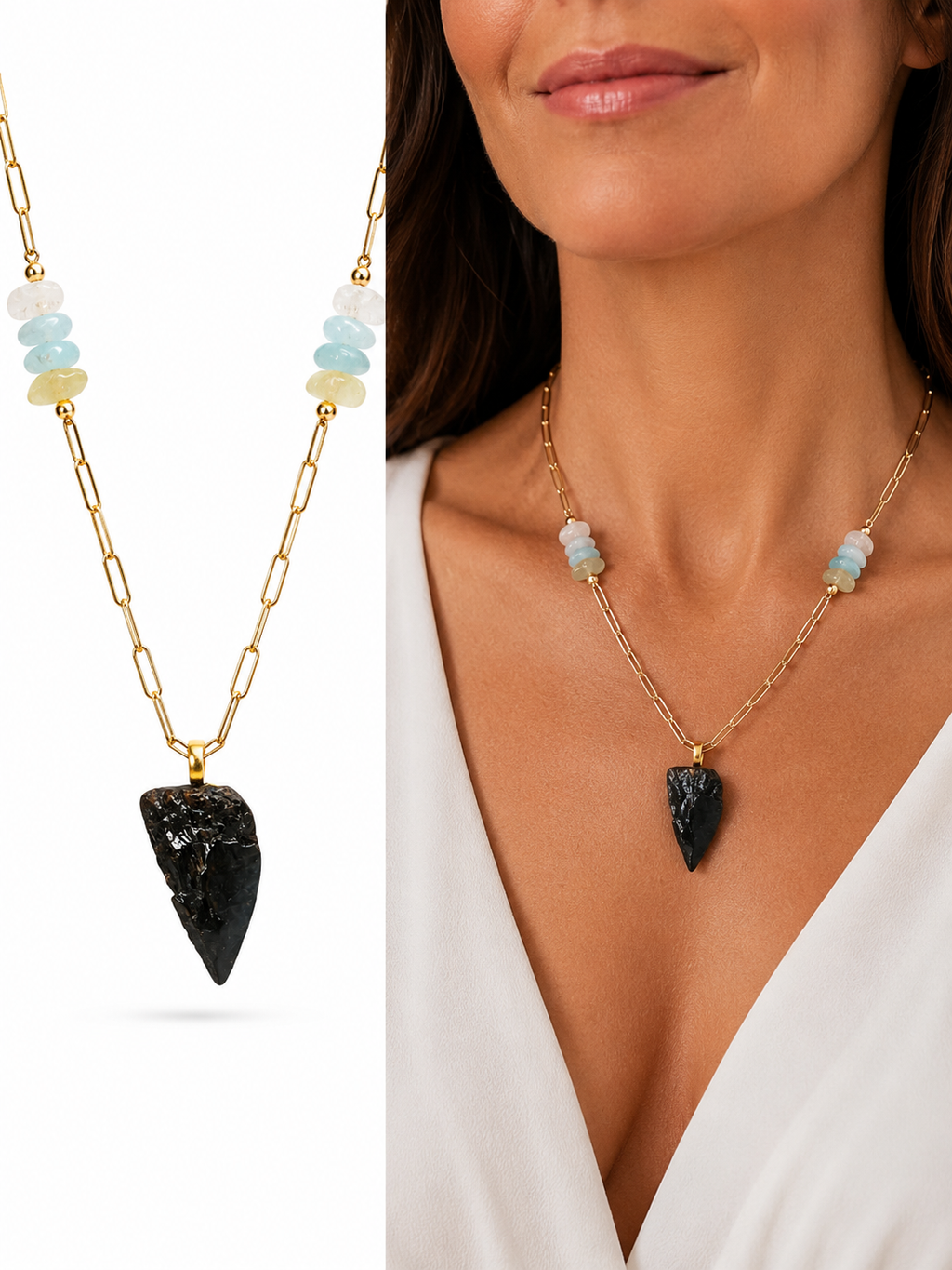 Beautifully Broken | Rare Fossil Hastalis Shark Tooth & Morganite Statement Necklace | One of a Kind Gift