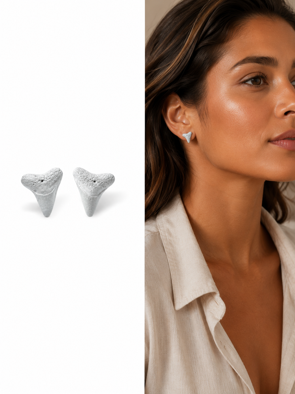 Silvered Pair | Silver Hand-Painted Fossil Shark Tooth Earrings | Handmade Gift
