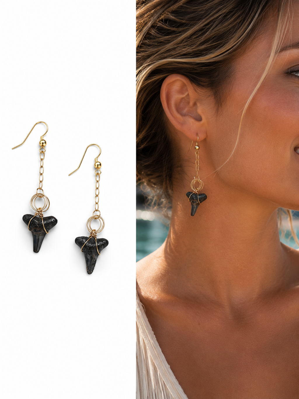 Adrift | Fossil Shark Tooth Chain Drop Earrings | Handmade Gift Jewelry