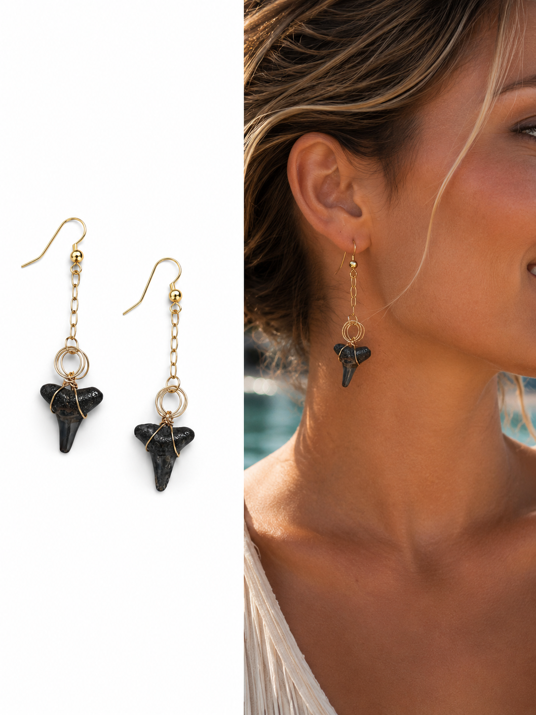 Adrift | Fossil Shark Tooth Chain Drop Earrings | Handmade Gift Jewelry