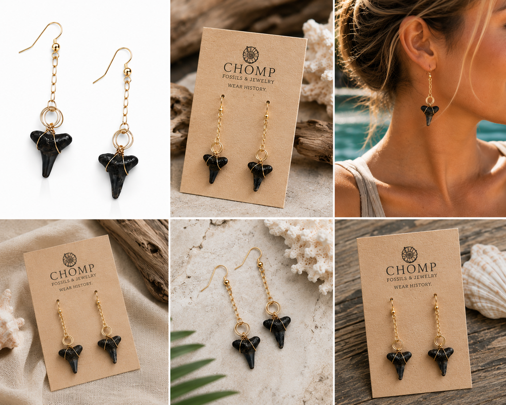 Adrift | Fossil Shark Tooth Chain Drop Earrings | Handmade Gift Jewelry