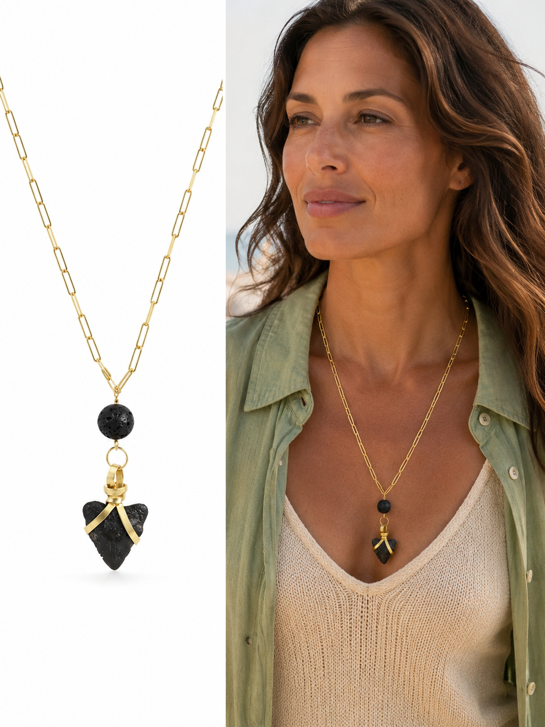 Ash & Ocean | Fossil Megalodon Tooth & Lava Rock Necklace | Handmade Gift Jewelry