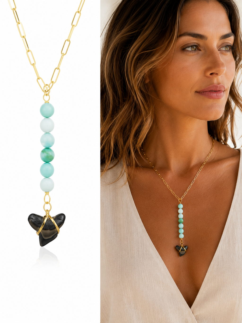 Tortoiseshell & Tide | Fossil Tiger Shark Tooth & Amazonite Necklace | Handmade Gift Jewelry