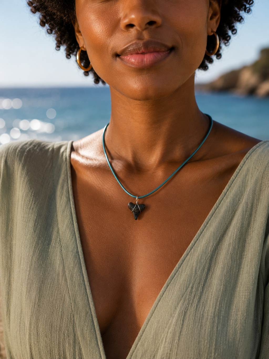 Fossil Shark Tooth Necklace on Turquoise Leather Cord | Handmade Gift Jewelry