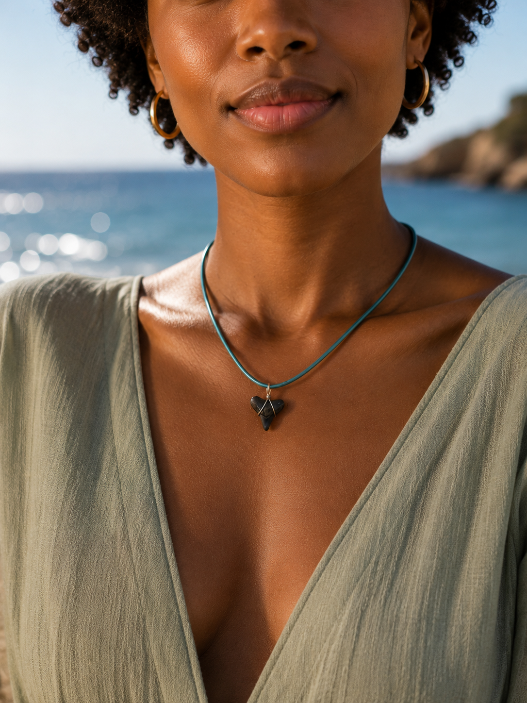 Fossil Shark Tooth Necklace on Turquoise Leather Cord | Handmade Gift Jewelry