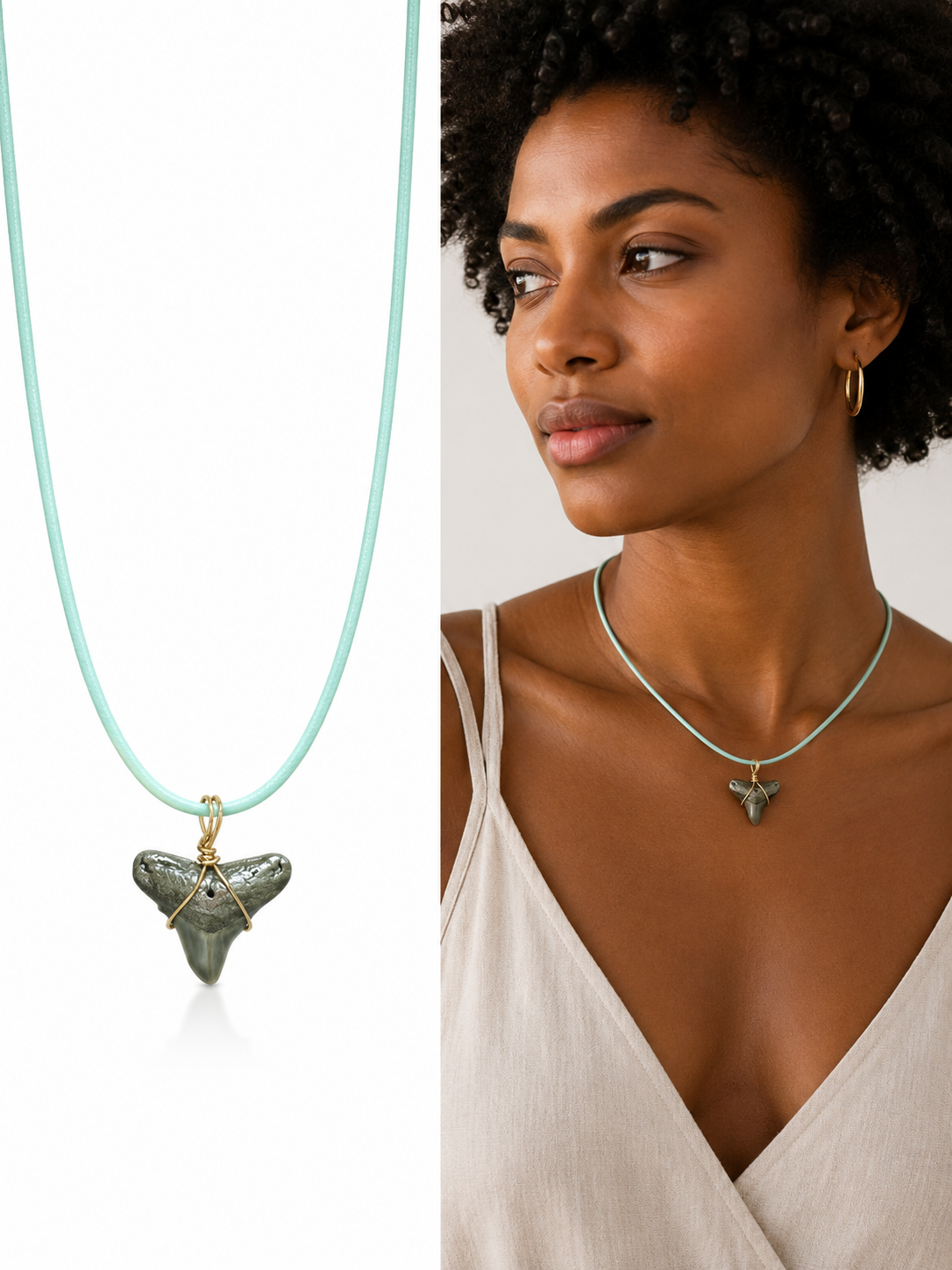 Fossil Shark Tooth Necklace on Turquoise Leather Cord | Handmade Gift Jewelry