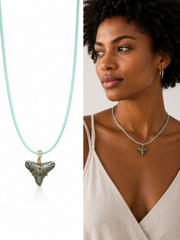 Fossil Shark Tooth Necklace on Turquoise Leather Cord | Handmade Gift Jewelry