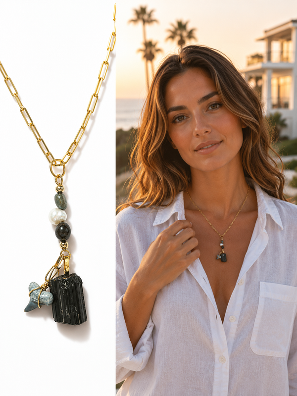 Weight of Water | Fossil Bull Shark Tooth, Black Tourmaline & Pearl Necklace | Handmade Gift