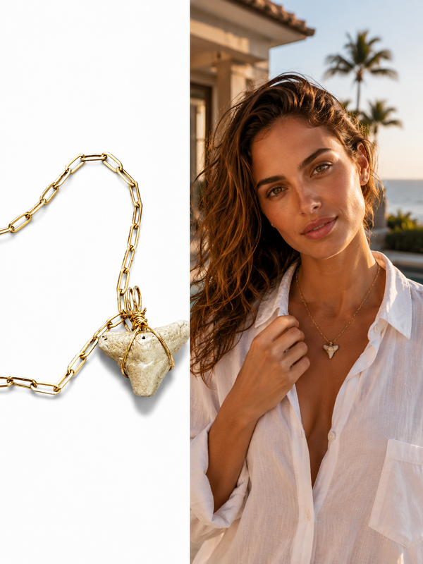 Fossil Shark Tooth Necklace | Gold Paperclip Chain | Handmade Gift Jewelry | 16 or 18 Inch