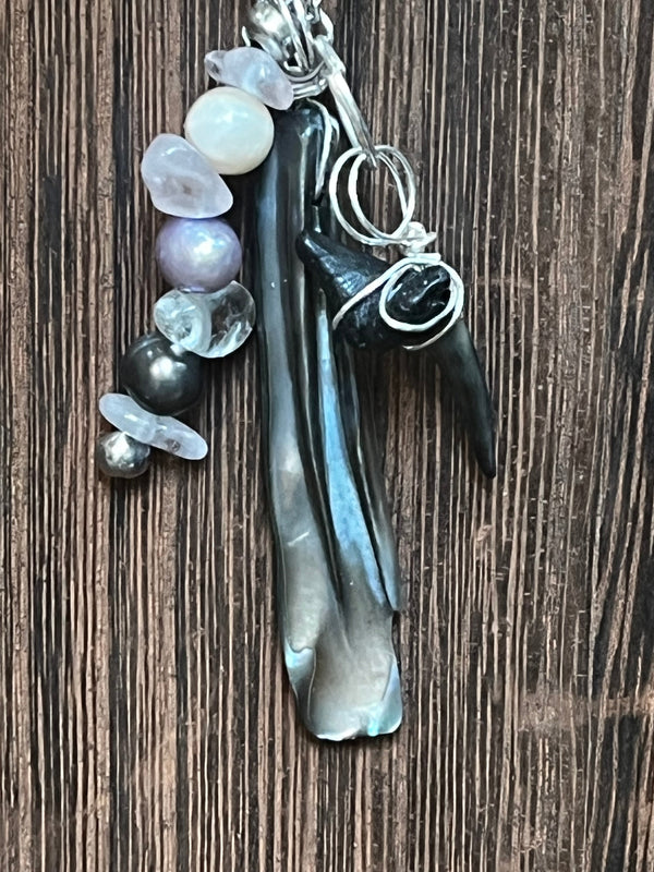 Moonlit Tide | Fossil Sand Tiger Shark Tooth, Mother of Pearl & Morganite Necklace | Gift for Her