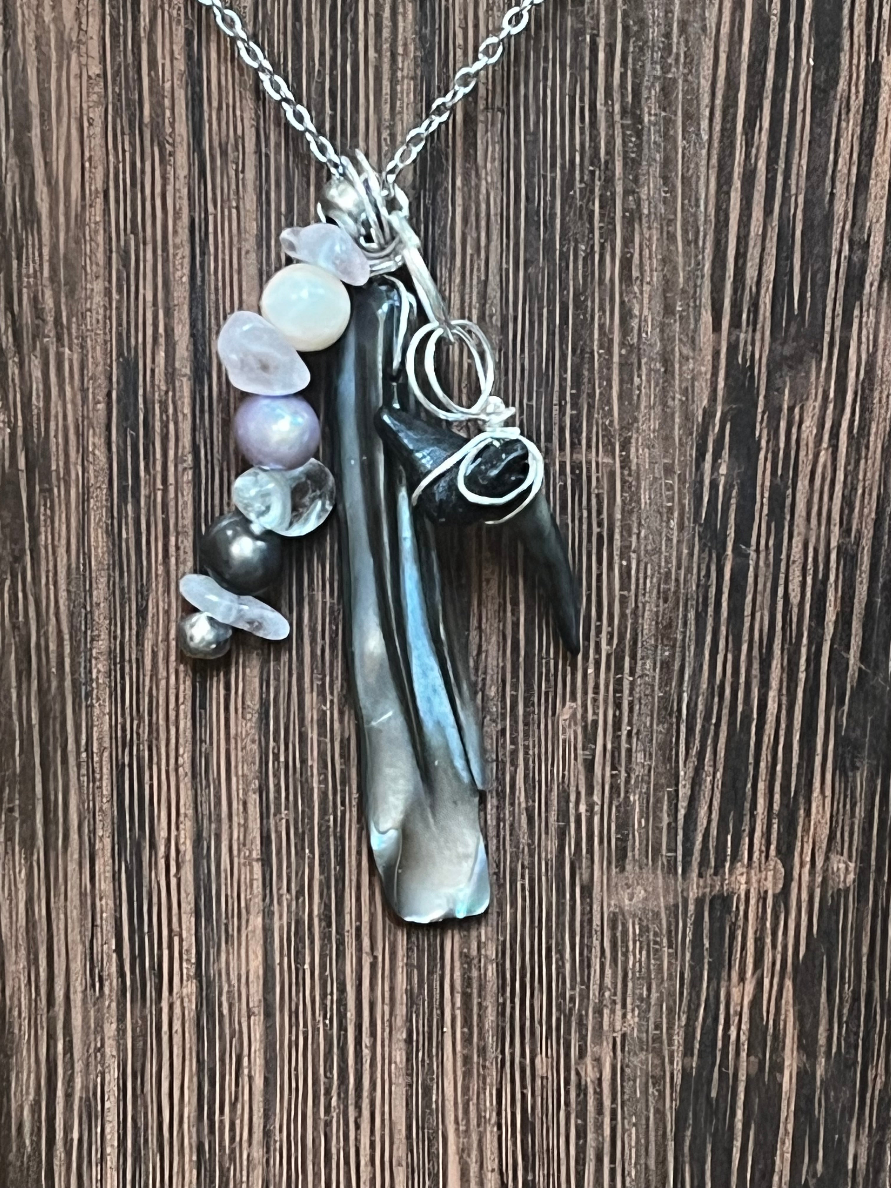 Moonlit Tide | Fossil Sand Tiger Shark Tooth, Mother of Pearl & Morganite Necklace | Gift for Her