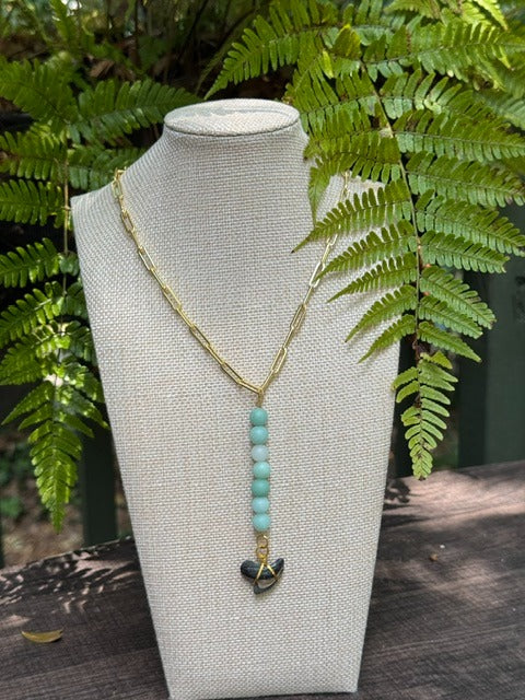 Tortoiseshell & Tide | Fossil Tiger Shark Tooth & Amazonite Necklace | Handmade Gift Jewelry