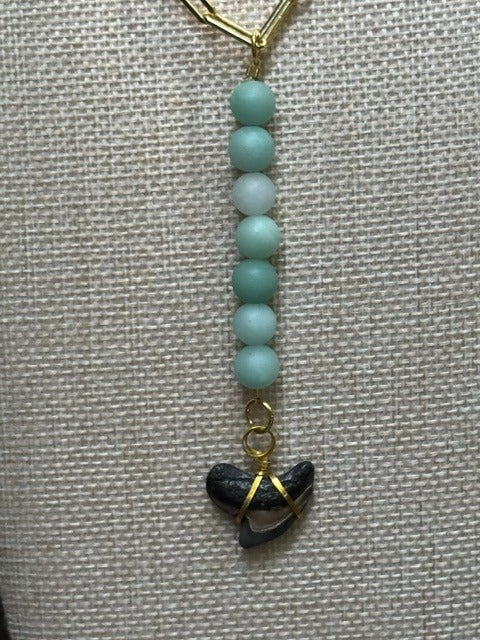 Tortoiseshell & Tide | Fossil Tiger Shark Tooth & Amazonite Necklace | Handmade Gift Jewelry