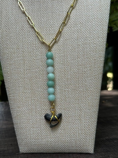Tortoiseshell & Tide | Fossil Tiger Shark Tooth & Amazonite Necklace | Handmade Gift Jewelry
