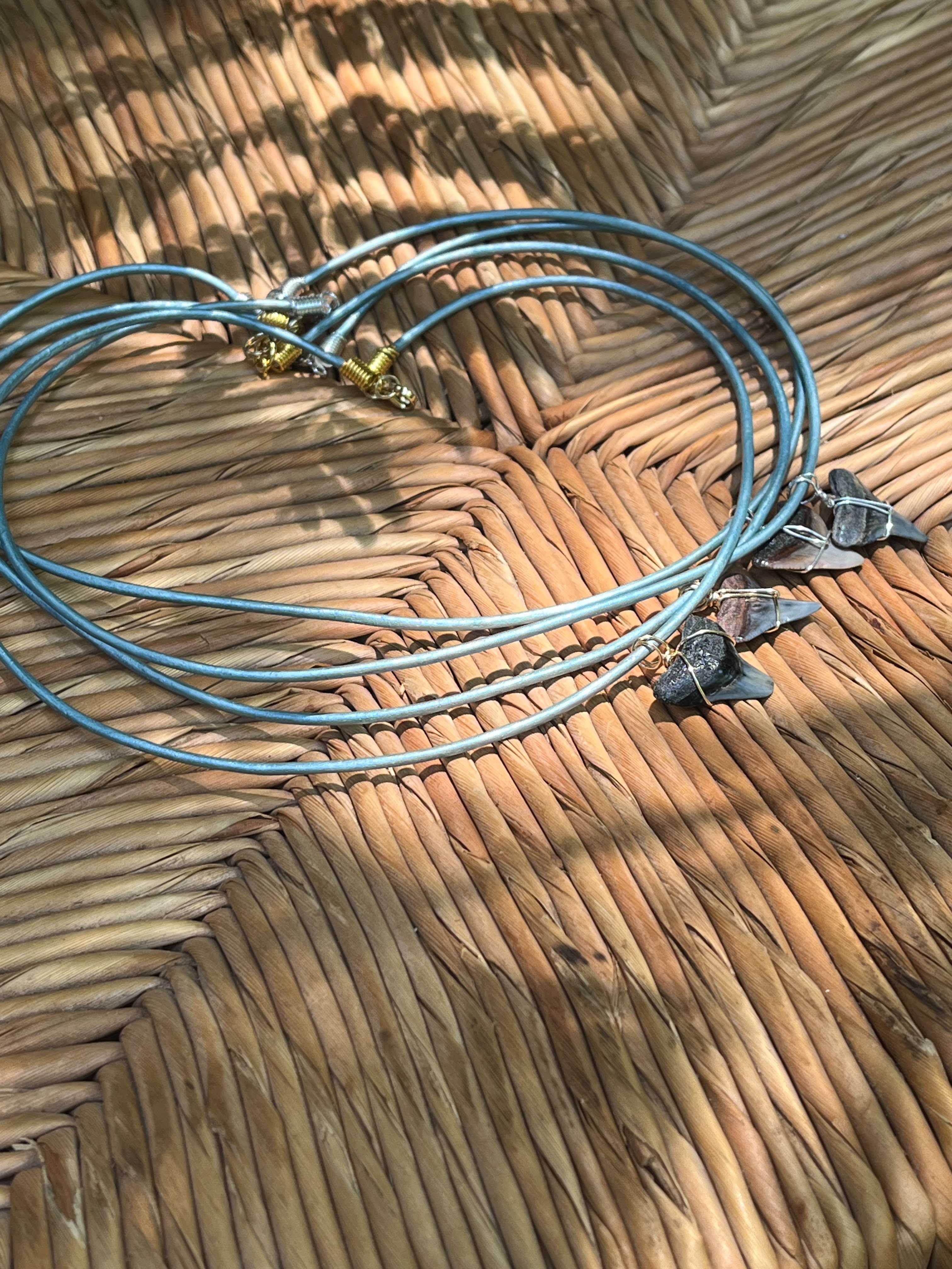 Fossil Shark Tooth Necklace on Turquoise Leather Cord | Handmade Gift Jewelry