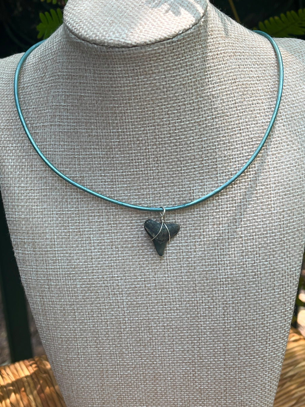 Fossil Shark Tooth Necklace on Turquoise Leather Cord | Handmade Gift Jewelry