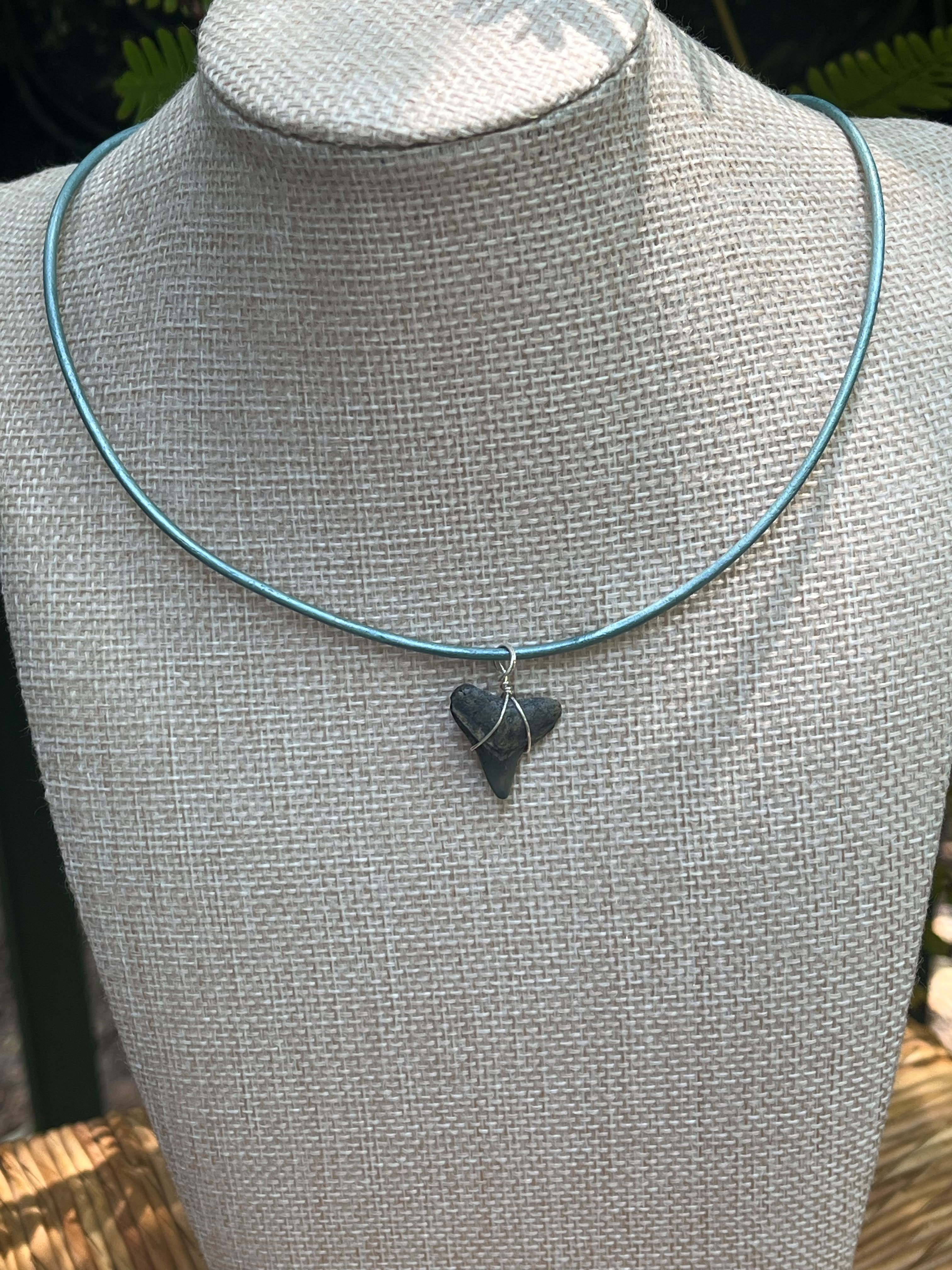 Fossil Shark Tooth Necklace on Turquoise Leather Cord | Handmade Gift Jewelry