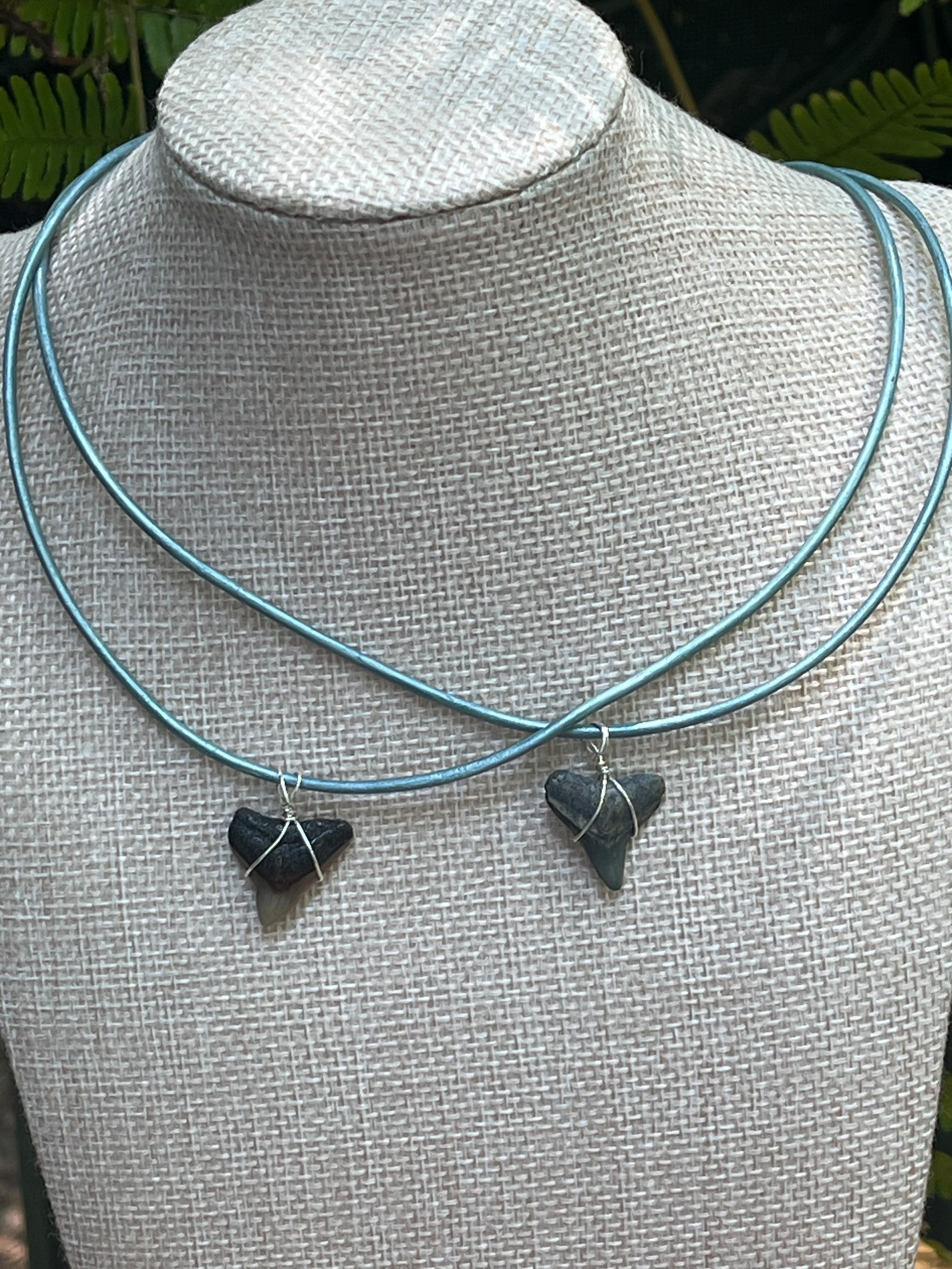 Fossil Shark Tooth Necklace on Turquoise Leather Cord | Handmade Gift Jewelry