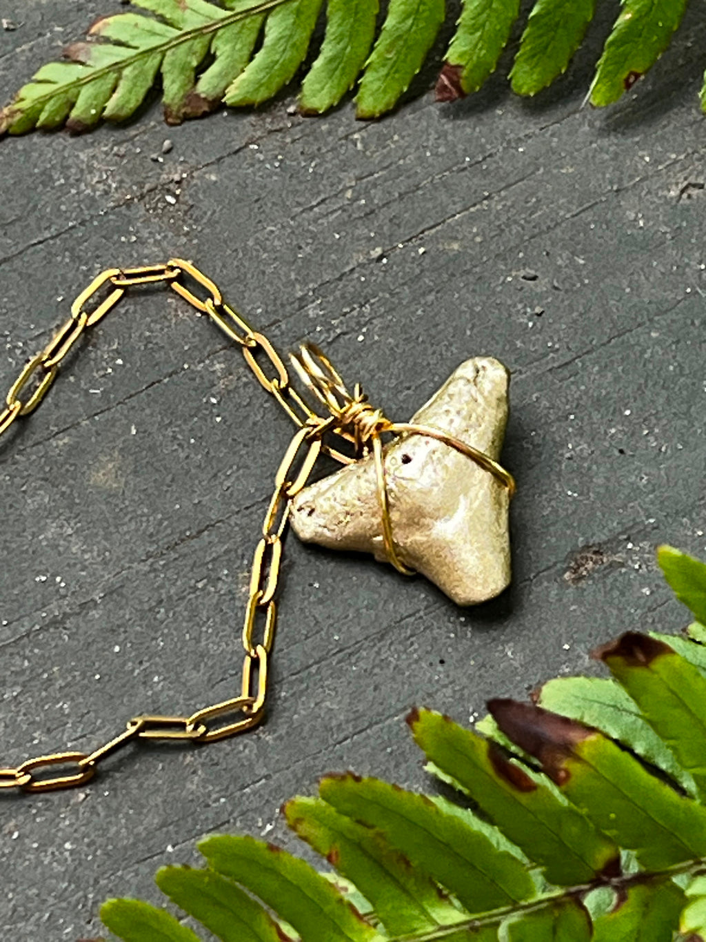 Fossil Shark Tooth Necklace | Gold Paperclip Chain | Handmade Gift Jewelry | 16 or 18 Inch