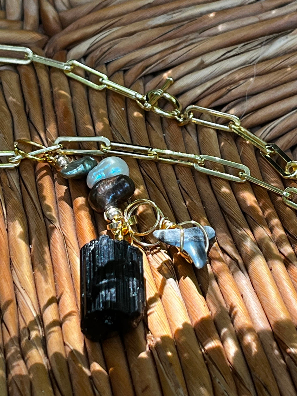Weight of Water | Fossil Bull Shark Tooth, Black Tourmaline & Pearl Necklace | Handmade Gift