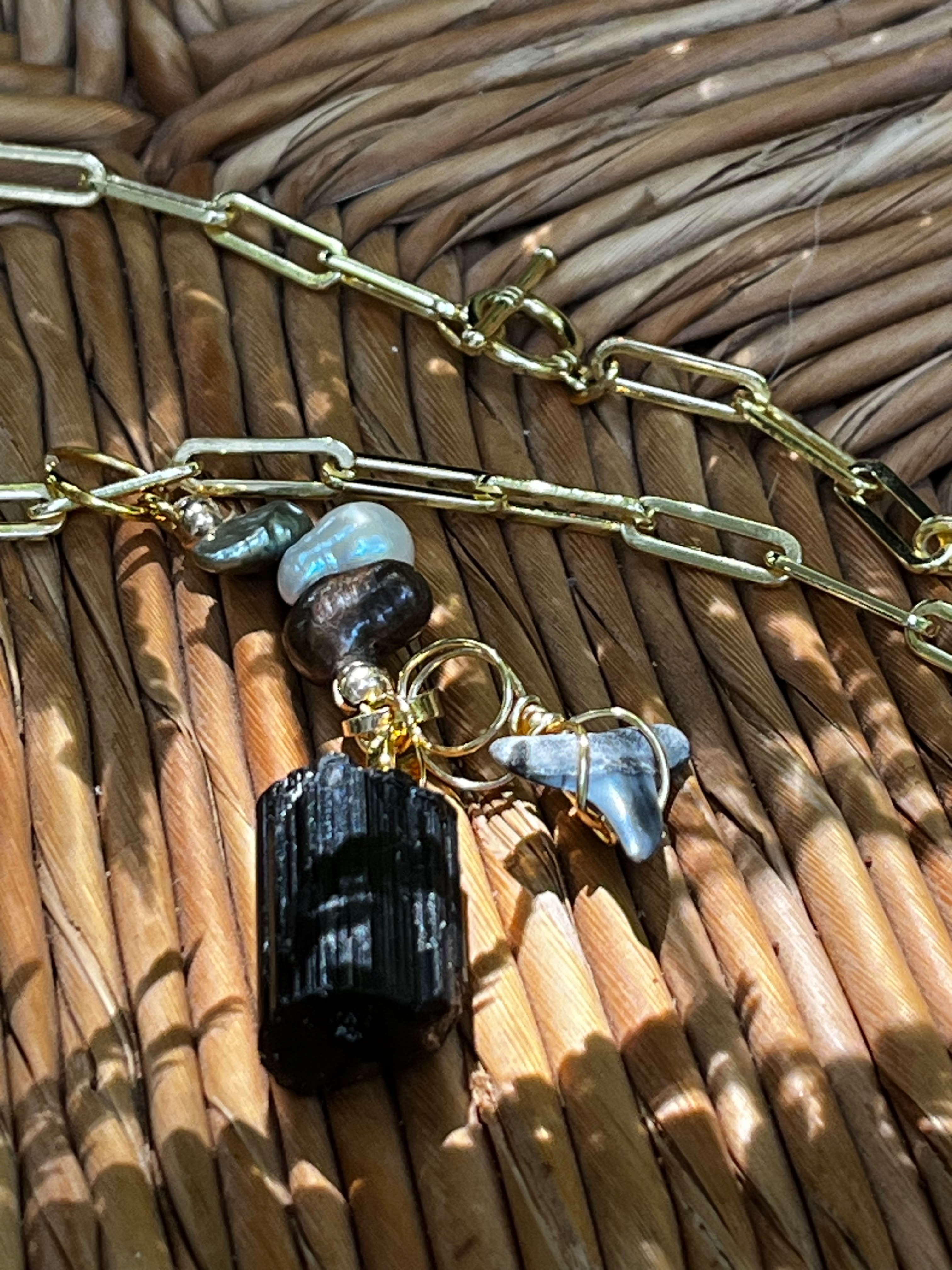 Weight of Water | Fossil Bull Shark Tooth, Black Tourmaline & Pearl Necklace | Handmade Gift