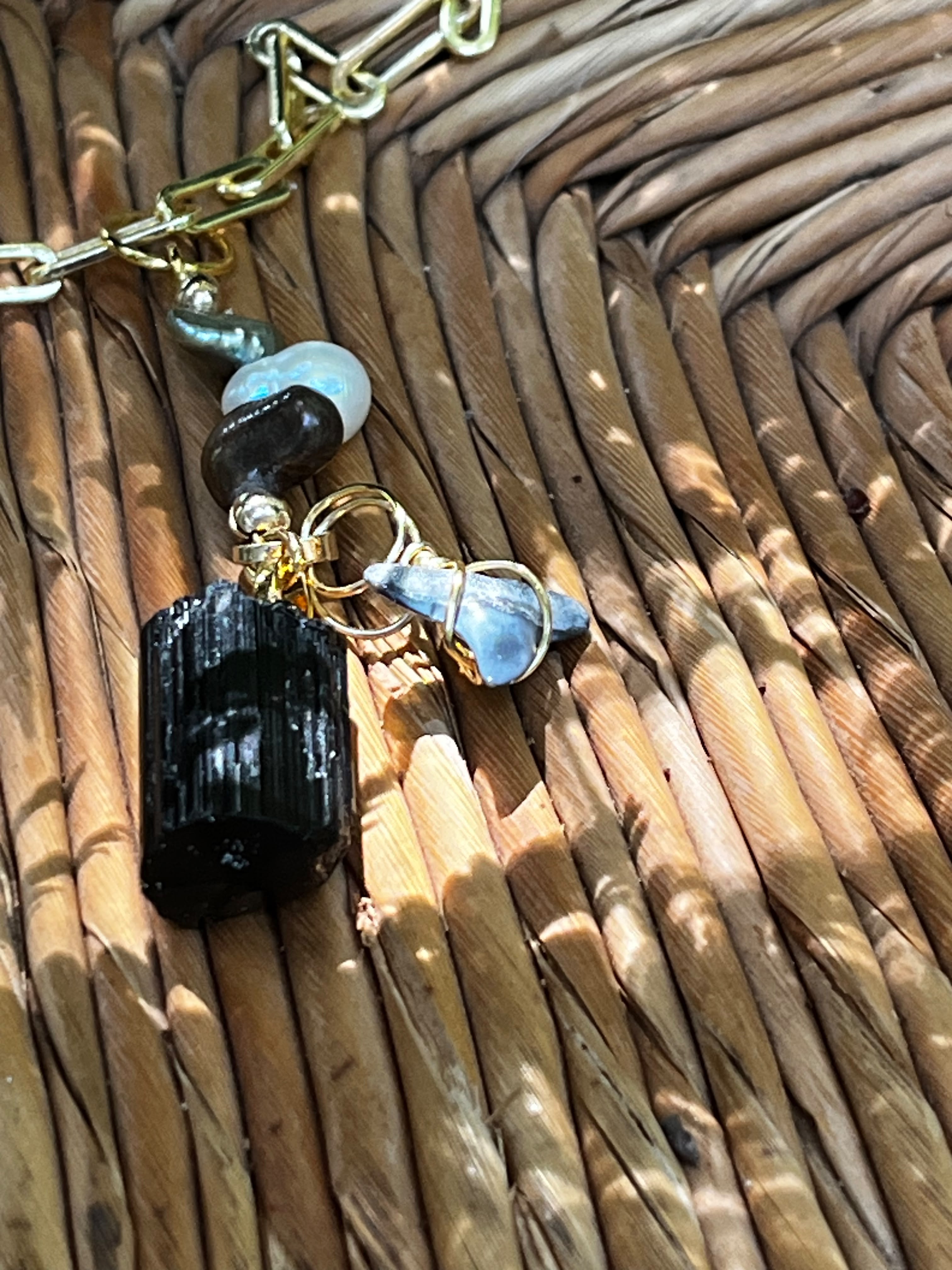 Weight of Water | Fossil Bull Shark Tooth, Black Tourmaline & Pearl Necklace | Handmade Gift