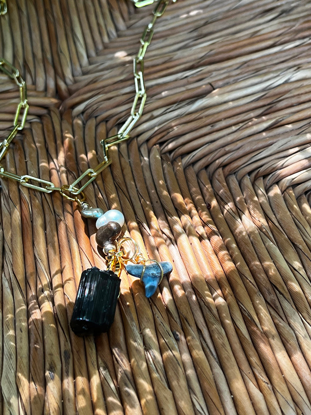 Weight of Water | Fossil Bull Shark Tooth, Black Tourmaline & Pearl Necklace | Handmade Gift