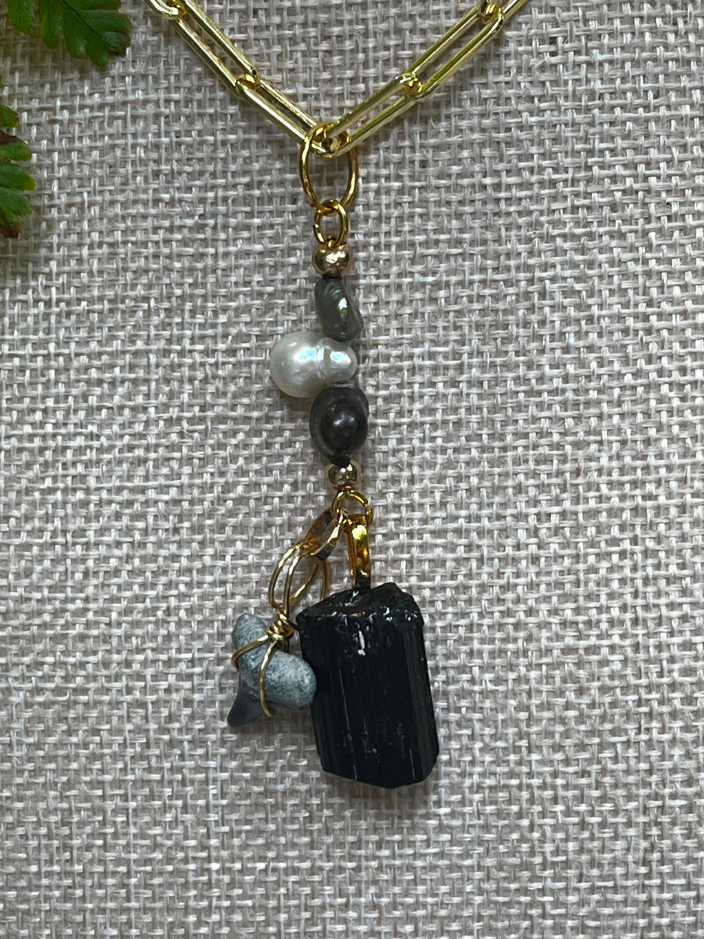 Weight of Water | Fossil Bull Shark Tooth, Black Tourmaline & Pearl Necklace | Handmade Gift