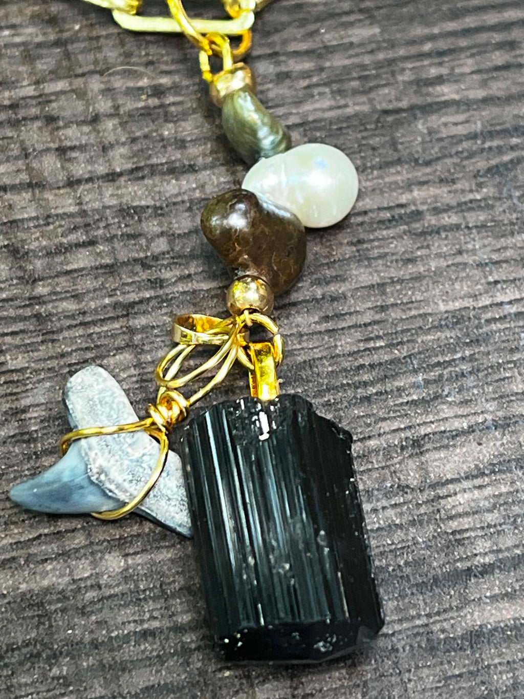 Weight of Water | Fossil Bull Shark Tooth, Black Tourmaline & Pearl Necklace | Handmade Gift