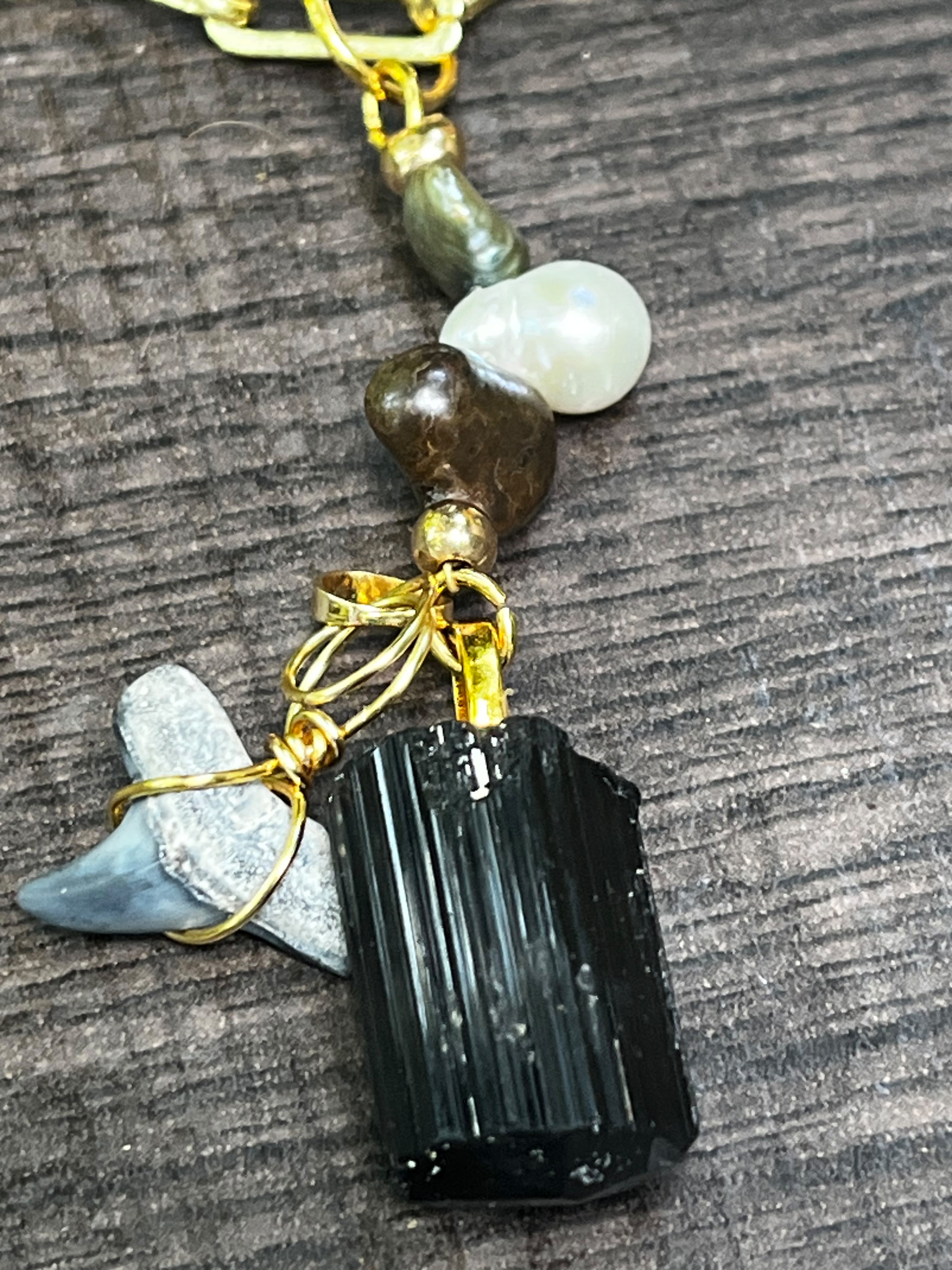 Weight of Water | Fossil Bull Shark Tooth, Black Tourmaline & Pearl Necklace | Handmade Gift