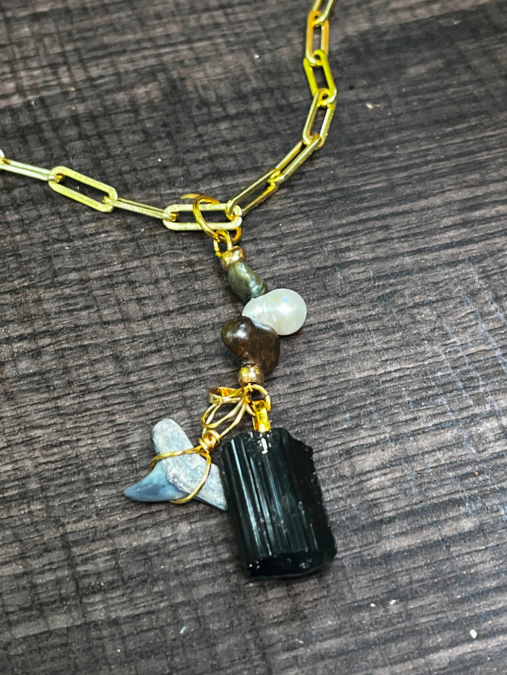 Weight of Water | Fossil Bull Shark Tooth, Black Tourmaline & Pearl Necklace | Handmade Gift