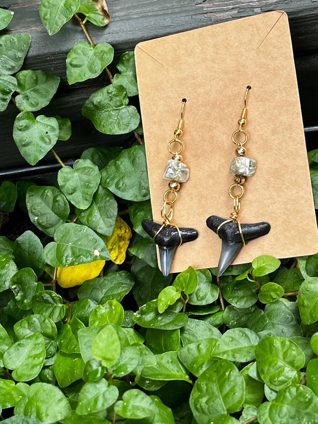 Luster & Lemon | Fossil Lemon Shark Tooth & Mother of Pearl Drop Earrings | Handmade Gift